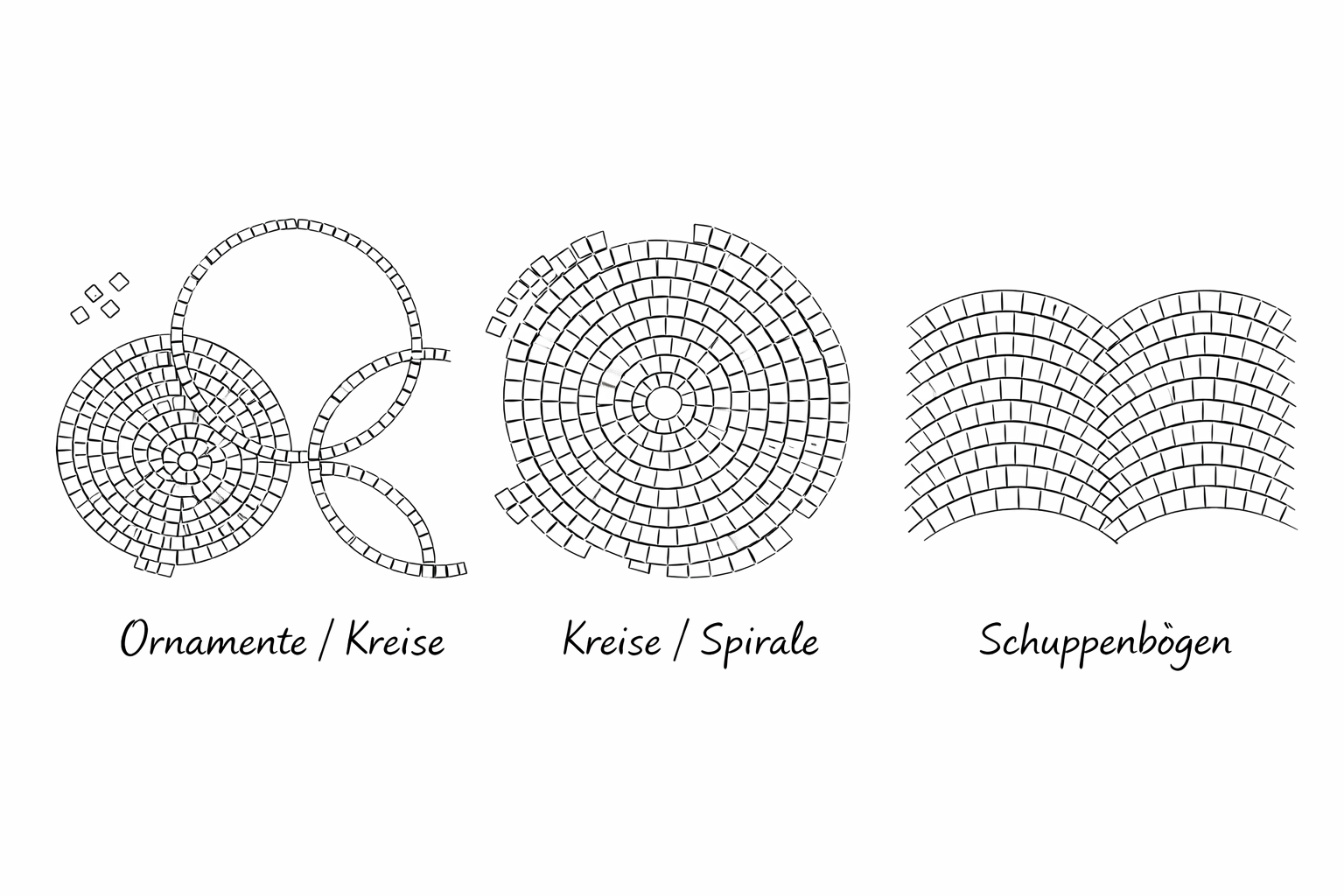 Übersicht Verlegemuster: Ornamente/Kreise, Kreise/Spirale, Schuppenbögen