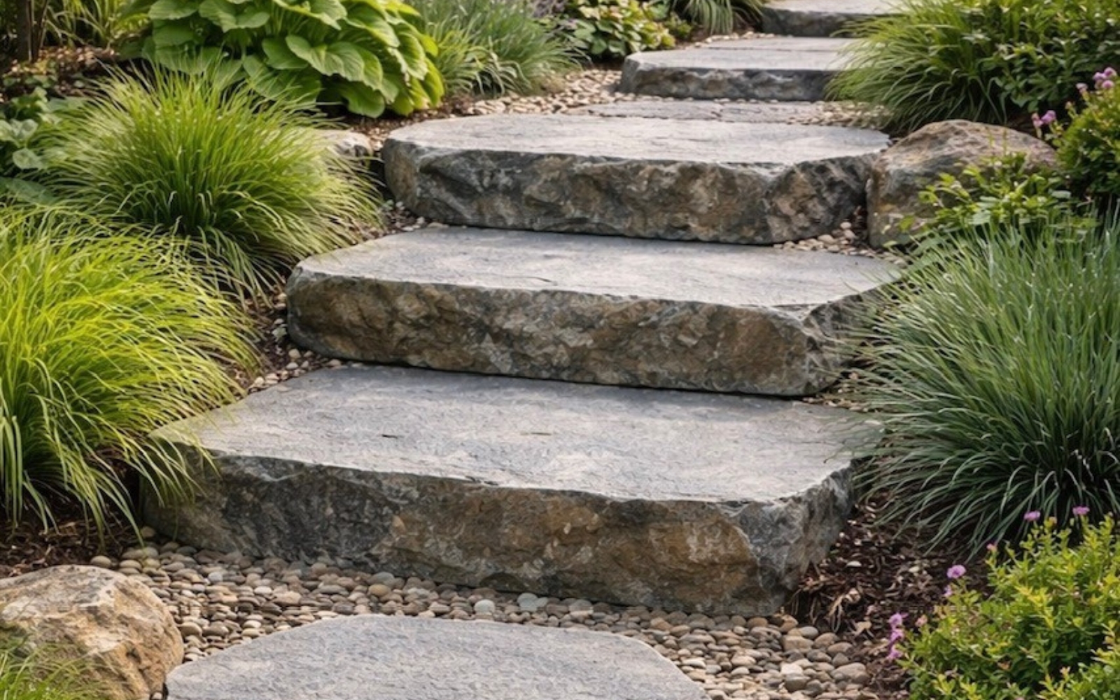 Asiatischer Garten mit Basalt Säulenblock und reduzierter Natursteingestaltung