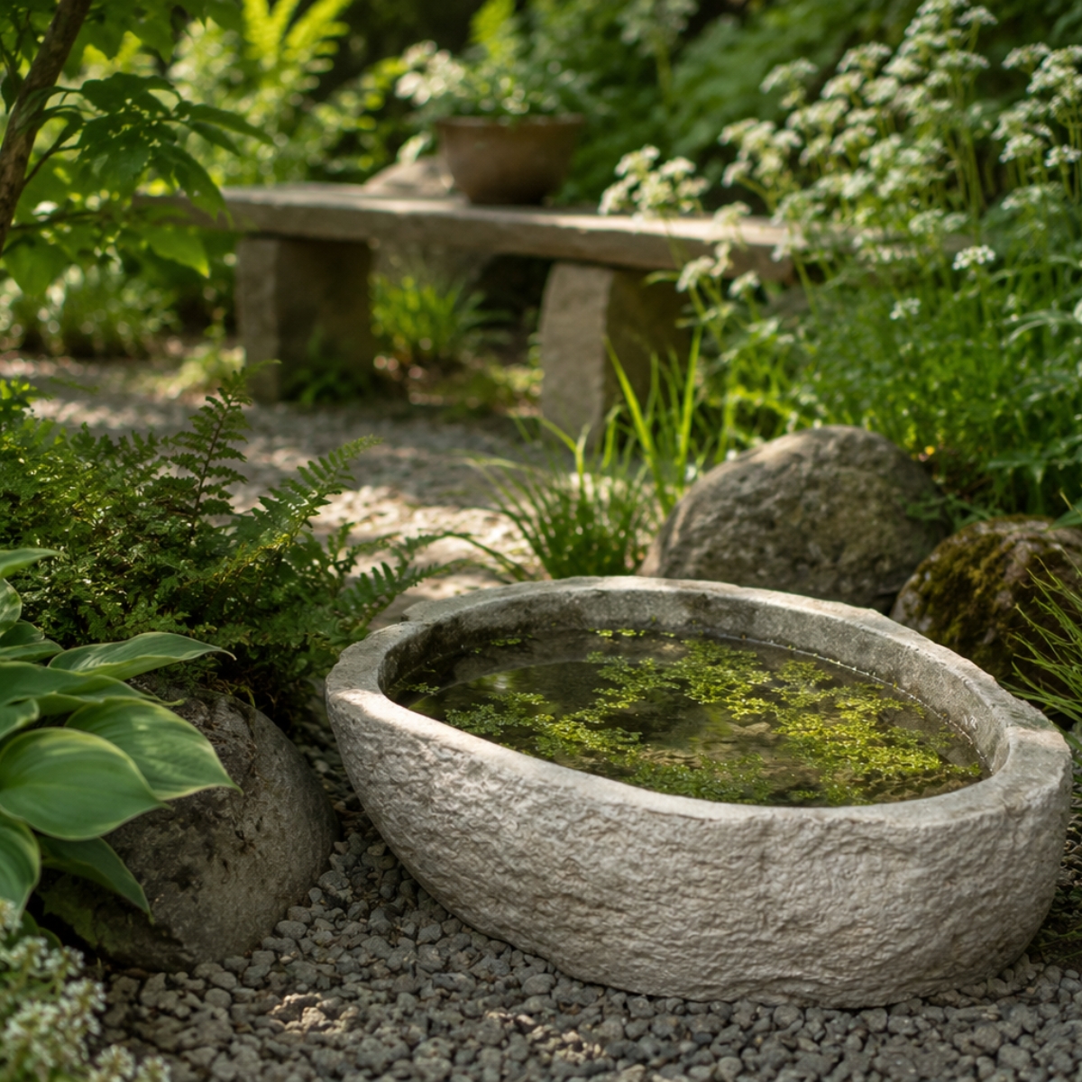 Natursteinschale im Garten